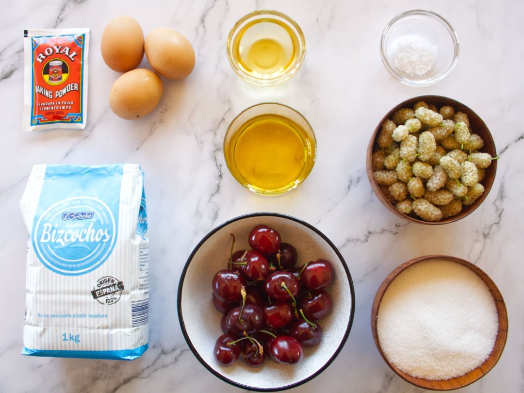 White mulberry bizcocho ingredinets are laid out on a white marble  benchtop