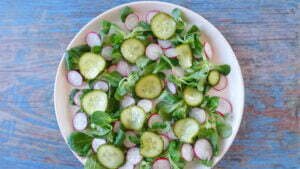 Sliced cucumber and radish sits on some lambs lettuce on a plate