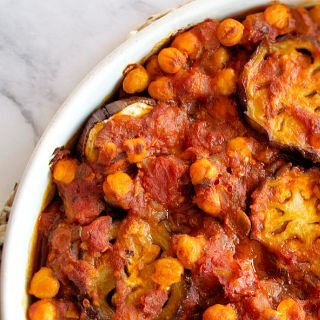 A plate of Mediterranean eggplant casserole sits waiting to be served