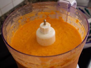 blended salmorejo soup in a blender