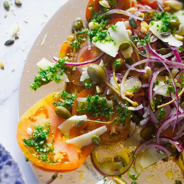 A plate of Mediterranean Tomato salad. 