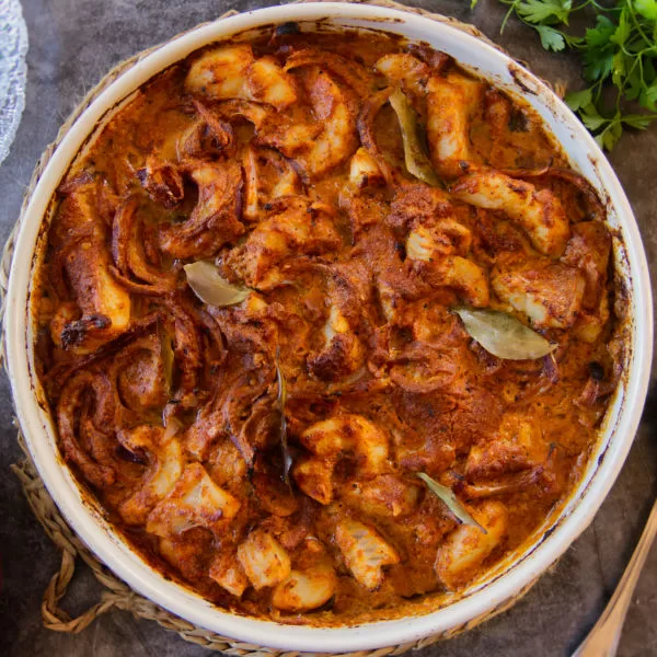 A large pot of Romesco de Peix, also known as Catalan Fish Stew