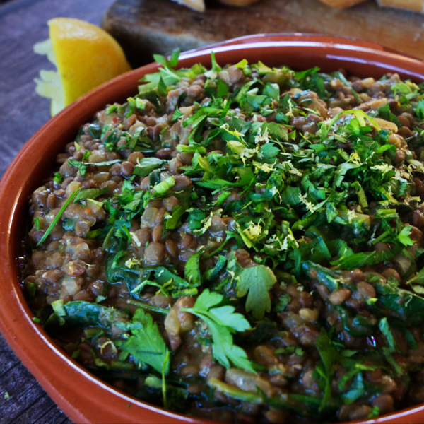 A large bowl of Mediterranean Lentil and Spinach stew