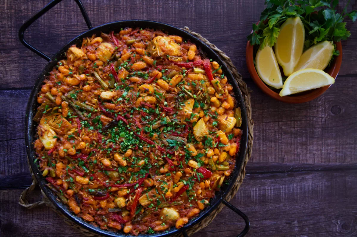 A large pan of oven-baked rice