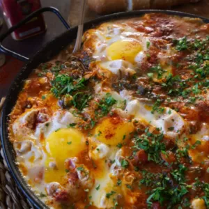 a large pan of chickpeas with spinach and eggs.