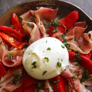 A plate of Burrata with serrano ham and roasted peppers.