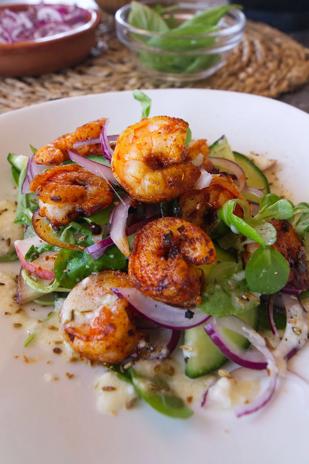 Spicy grilled shrimp with tangy peach salad.