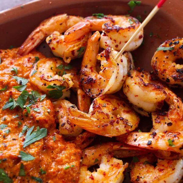 pan-fried spicy shrimp with romesco sauce