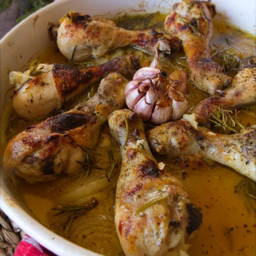 A pan of Spanish chicken with garlic and sherry.