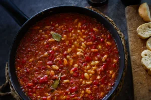 a large pan of white bean stew sits with a few bay leaves on top.