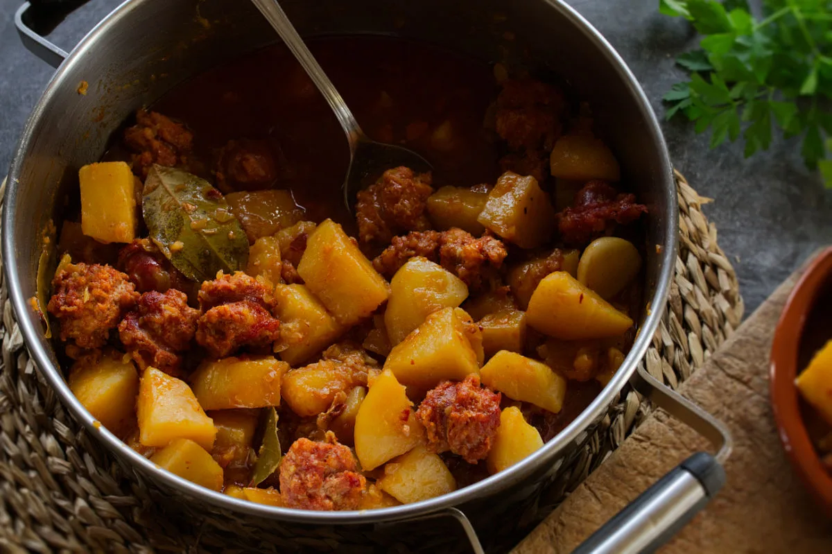 A large pan of Rioja-Style potatoes with chorizo. 