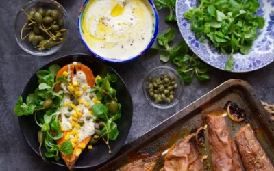 Baked Sweet Potatoes with Lemon and Thyme with A Tangy Yogurt Dressing