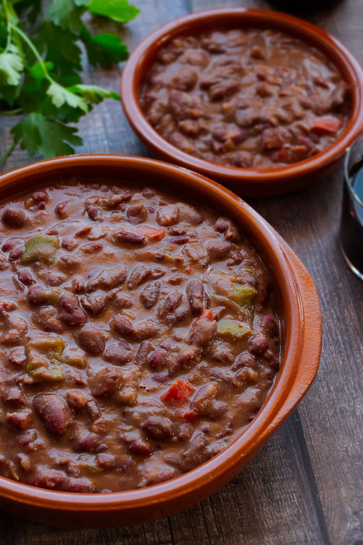 two earthware dishes full of Cantabrian bean stew.