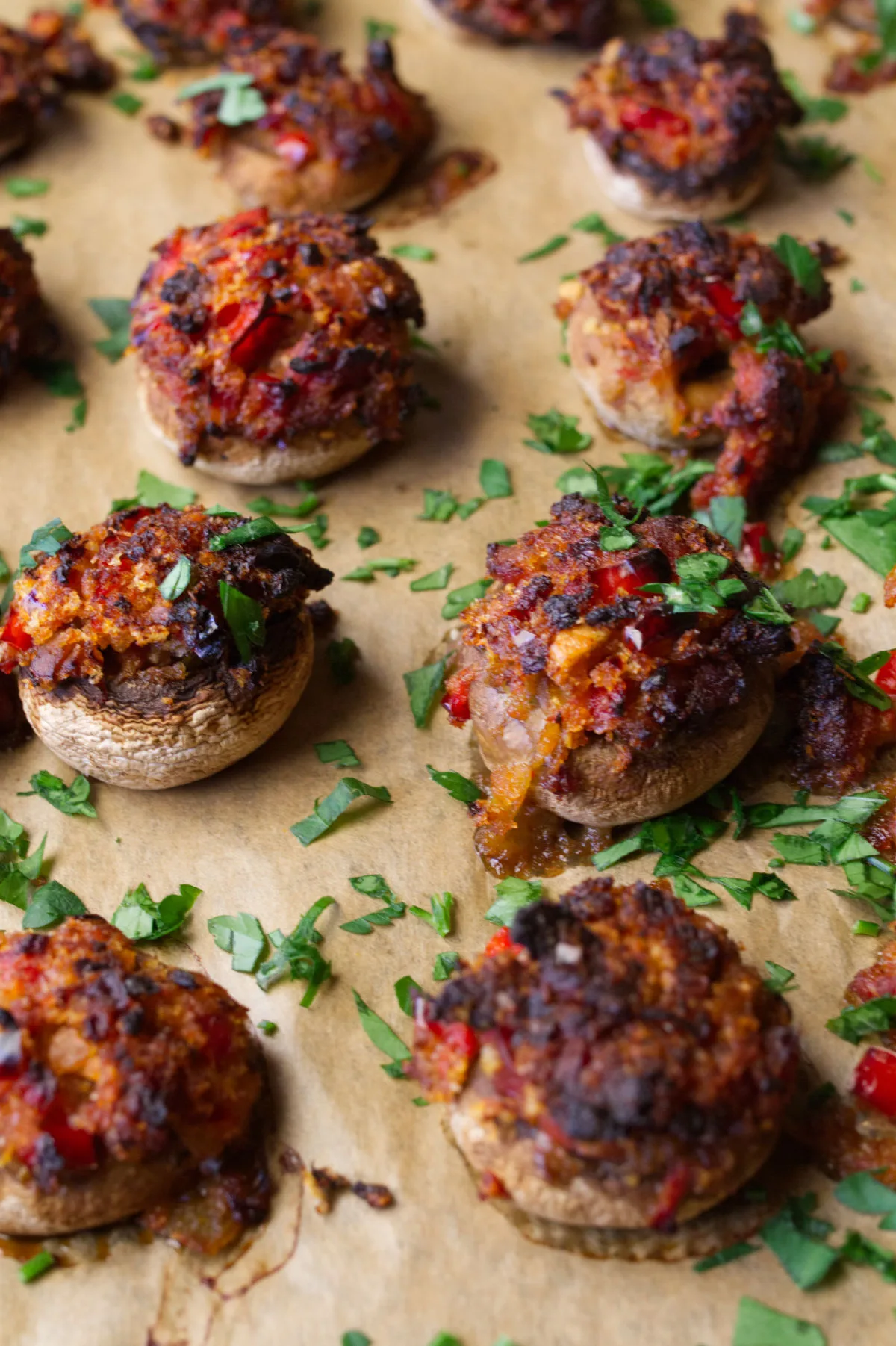 Button mushrooms stuffed with chorizo and garlic.