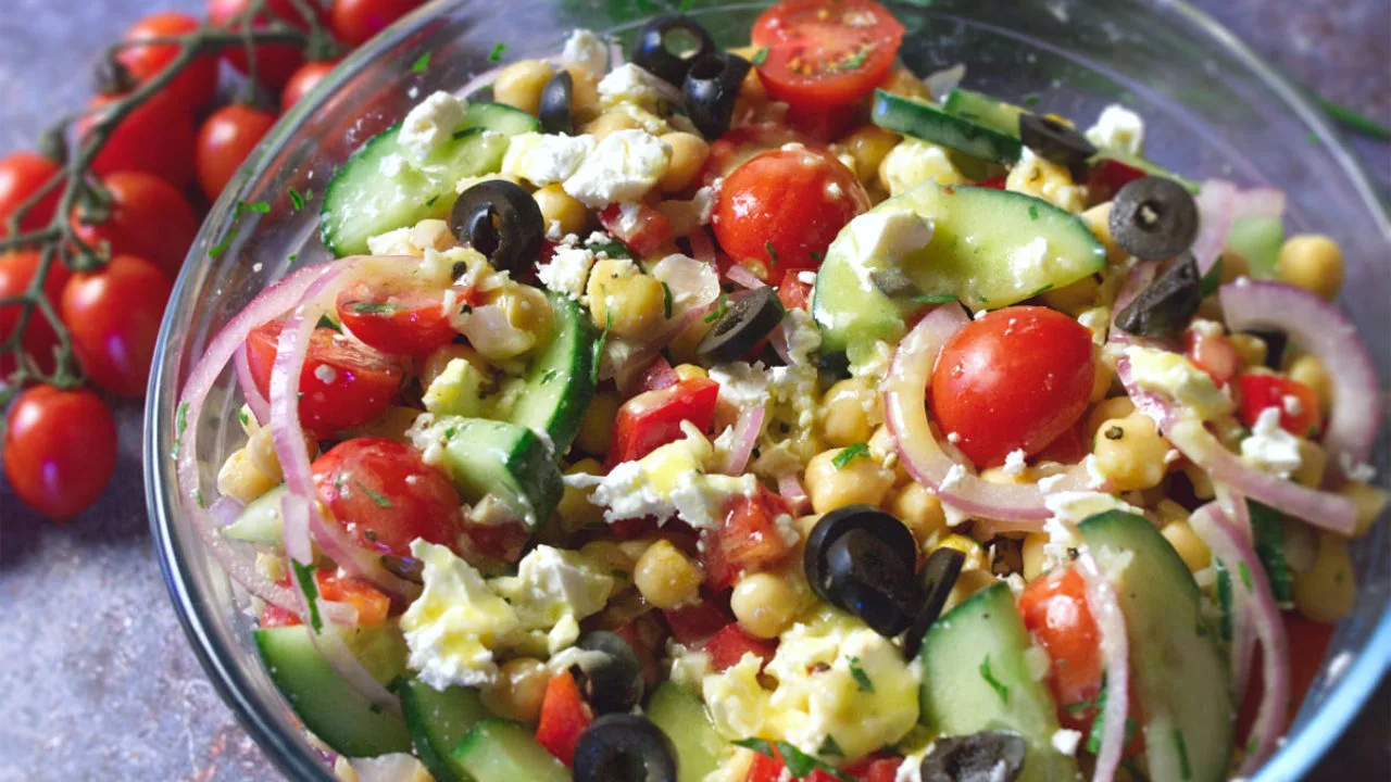 Mediterranean chickpea salad in a large bowl.