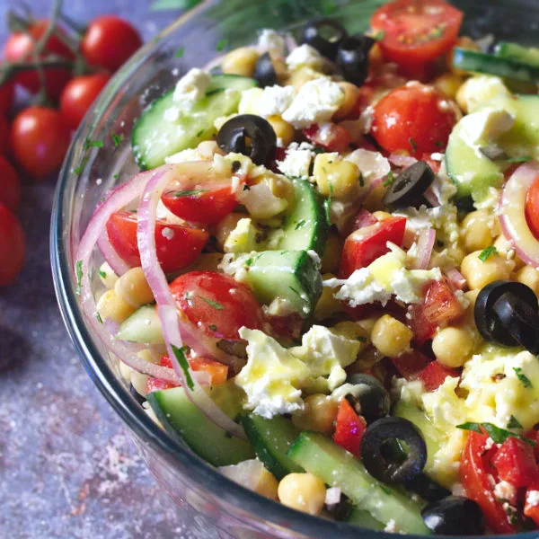 Mediterranean chickpea salad in a large bowl.