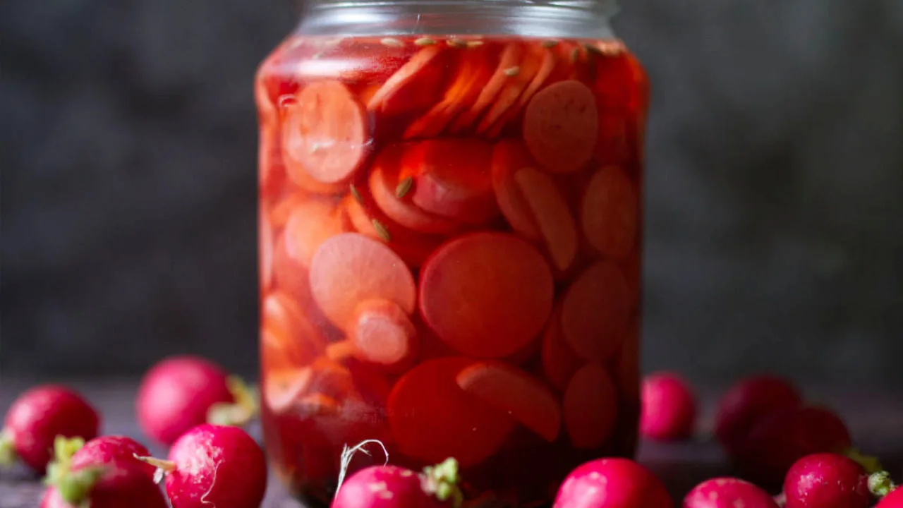 A jar of pickled radishes.